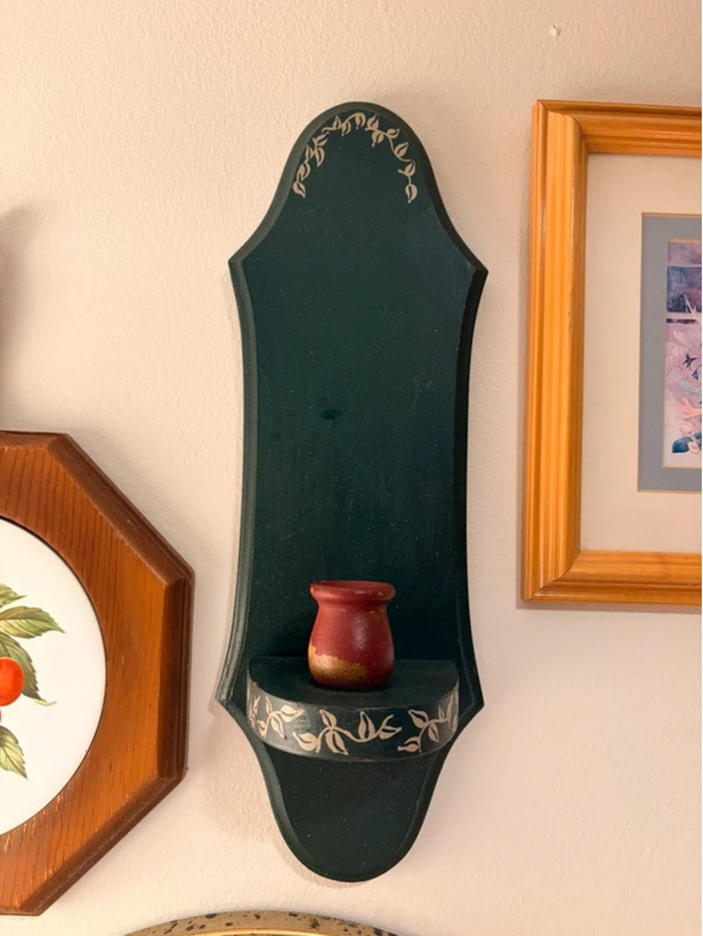 Vintage Folk Art Wooden Wall Shelf Sconce Candle Holder Hand Painted 16”